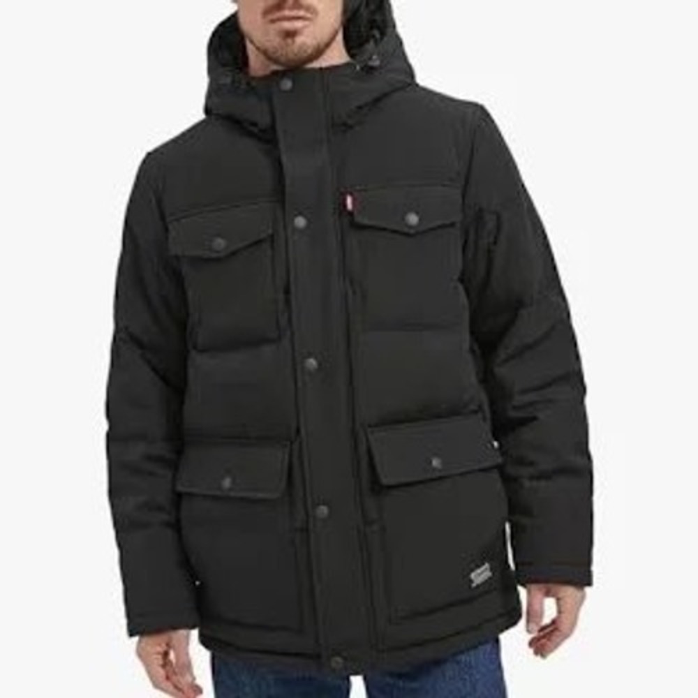 Levi's Hooded Parka Jacket Mens Medium Black Good Arctic Cloth Quilted Puffer